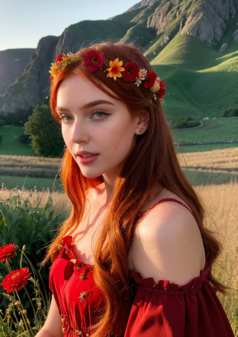 00064-144673666-Masterpiece, Best Quality, (Photorealistic_1.4), 1 Girl, Face Details_1.8, Redhead, ((Garland)), Glowing, RED, ((Dress Medieval.png